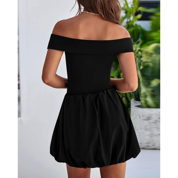 Women Summer Off Shoulder Bubble Dress Mini Sleeveless Fit Flared - Picture 5 of 8
